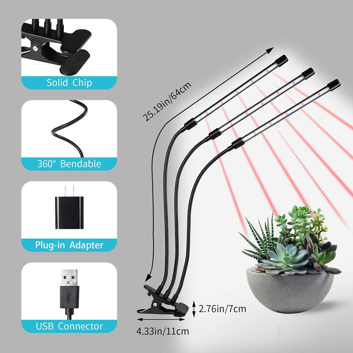 Black Grow Lights for Indoor Plants, 126LEDs Clip Plant Lights, Full Spectrum LED Plant Growing Lamps with Flexible Gooseneck，4/8/12/18H Timer, 3 Spectral Modes, 10 Dimmable Levels，3 Head 1 Pack