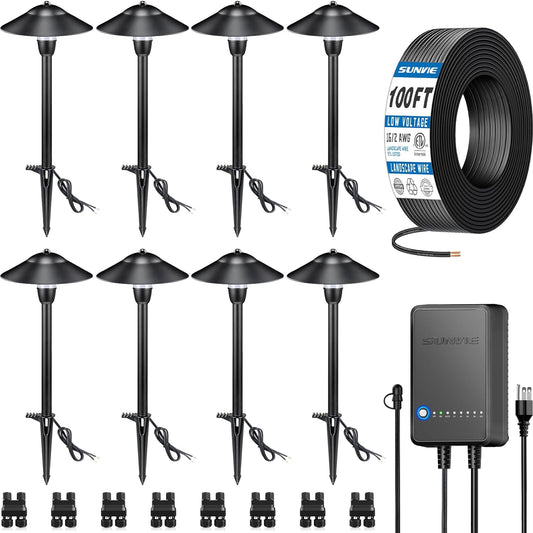 SUNVIE All-in-One LED Pathway Lighting Kit, 8-Pack Low Voltage Landscape Lights with Transformer and 100FT 16/2 AWG Wire, 3000K Waterproof Landscape Lighting with Connectors for Walkway Garden Yard