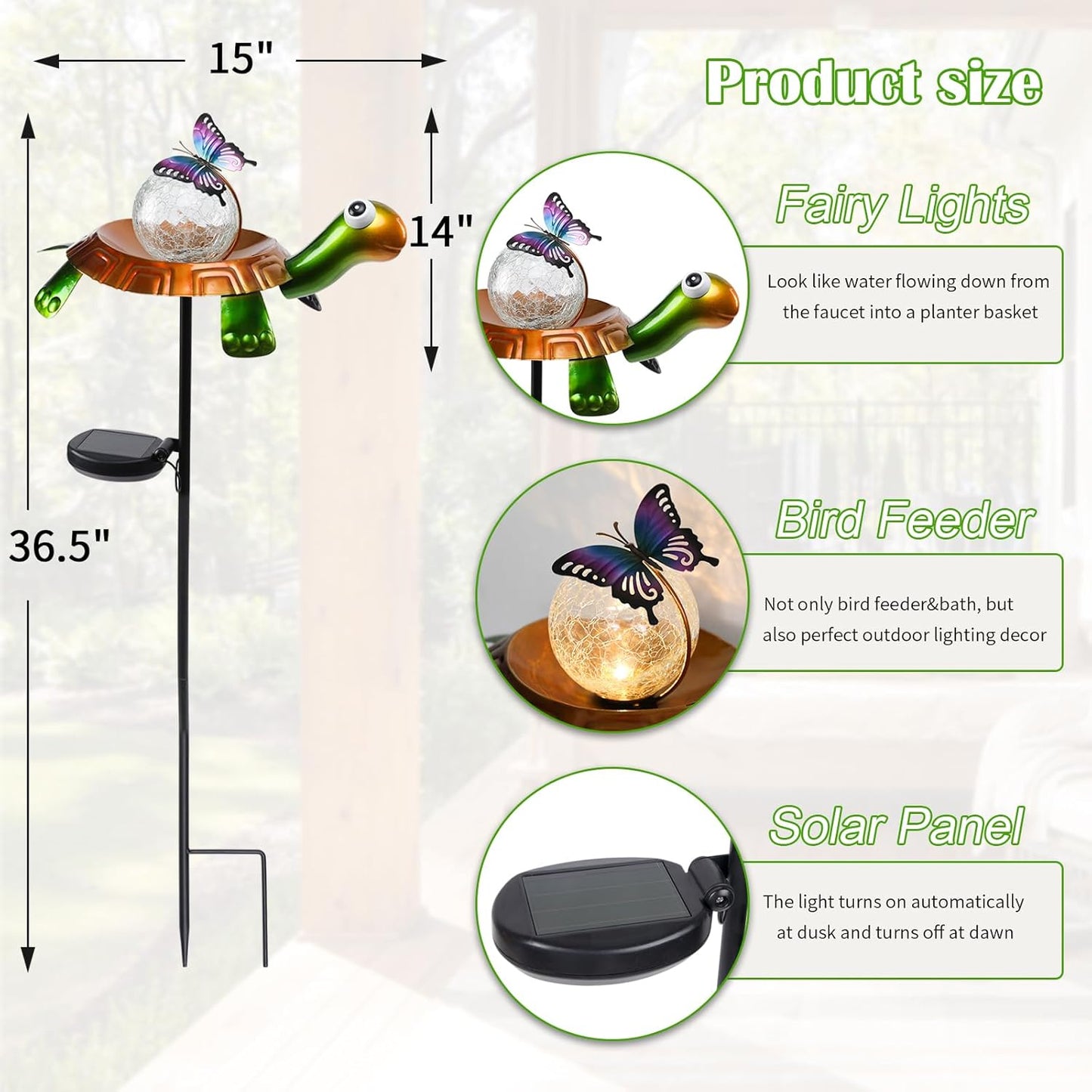 Afirst Solar Lights Outdoor Decorative Metal Turtle Crackle Glass Globe with Butterfly Warm White LED Metal Waterproof Garden Stake Lights for Walkway Pathway Lawn Patio Yard Decorations