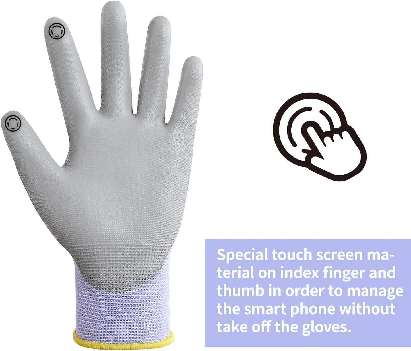 DULFINE Work Gloves for Men PU Coated 12 Pairs Bulk Pack,Purple Seamless Knit Glove with thin Polyurethane,Two Finger Touchscreen, for Men and Women, Ideal for Light Duty Work. (Medium)