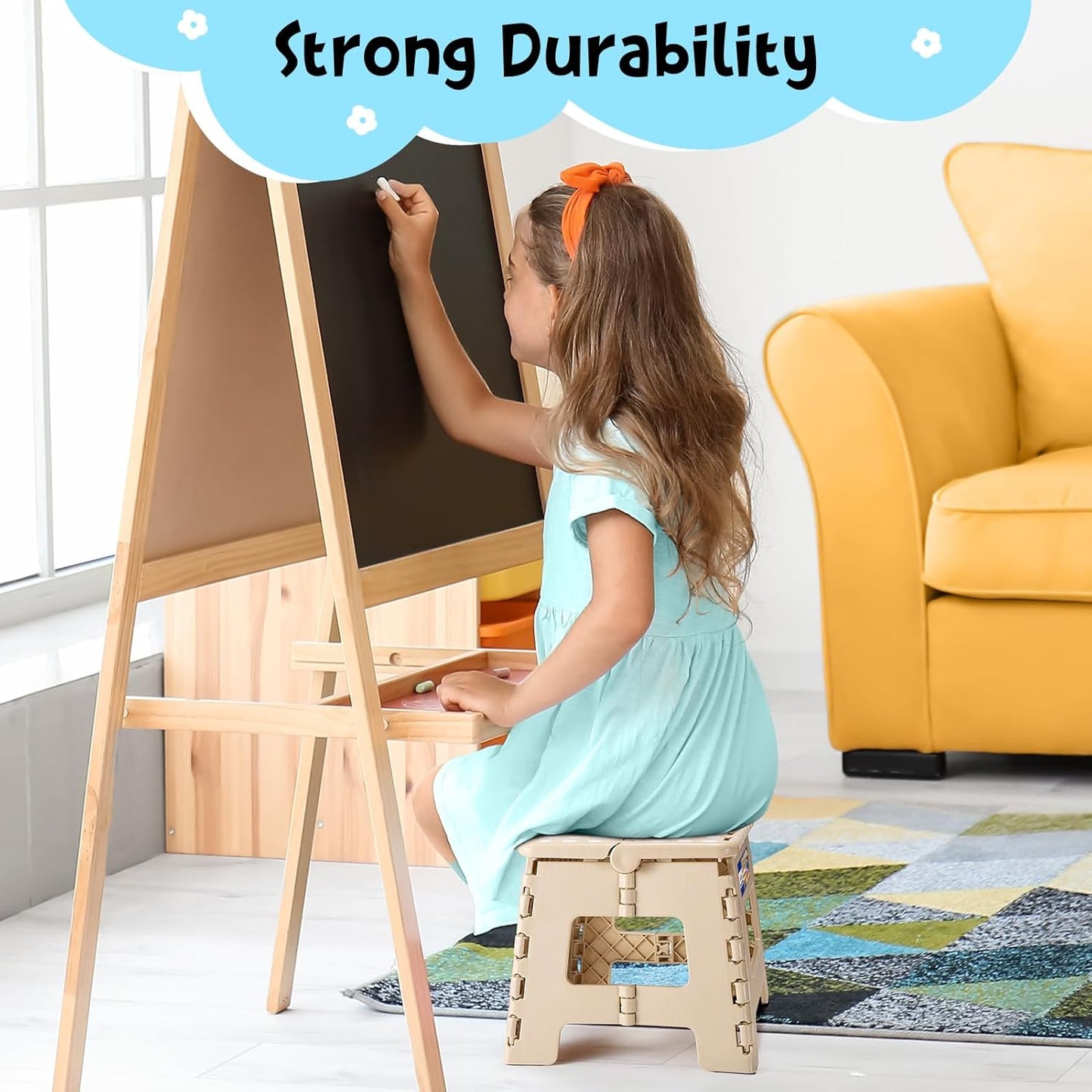 ACKO Folding Step Stool 9 Inch 300 lb Capacity, Plastic Foldable Step Stools for Kids and Adults, Folding Stools Suitable for Kitchen, Stepping Stool with Handle Khaki 1PC