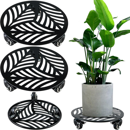 2 Packs 12" Large Metal Plant Caddy with 3 PU Metal Wheels Heavy-duty Wheeled Rolling Plant Stands with Casters Indoor Outdoor Flower Pot Roller Base Planter Dolly Coaster Movers Black, Strong Load Capacity