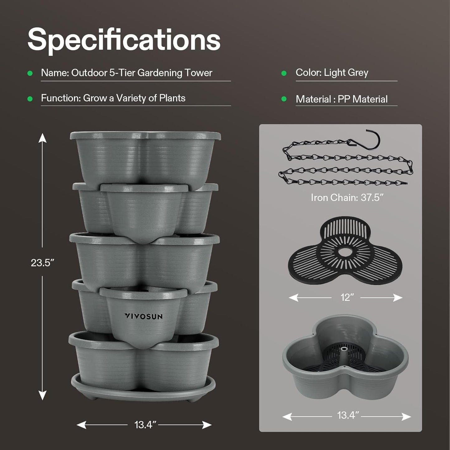 VIVOSUN 5 Tier Vertical Gardening Stackable Planter for Strawberries, Flowers, Herbs, Vegetables, Grey