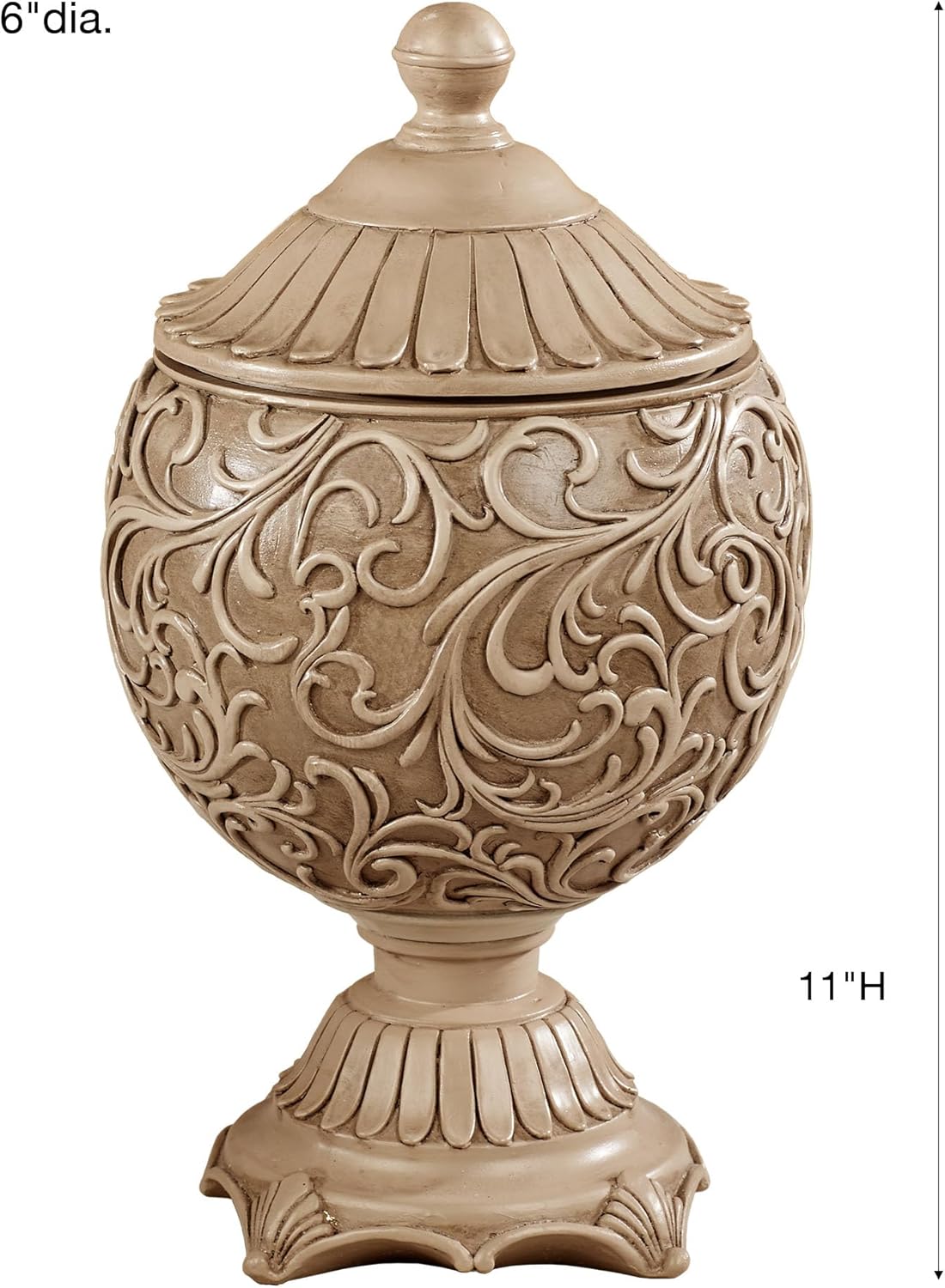 Abriella Traditional Decorative Covered Jar Tan Spherical Scrolls 11 Inches High