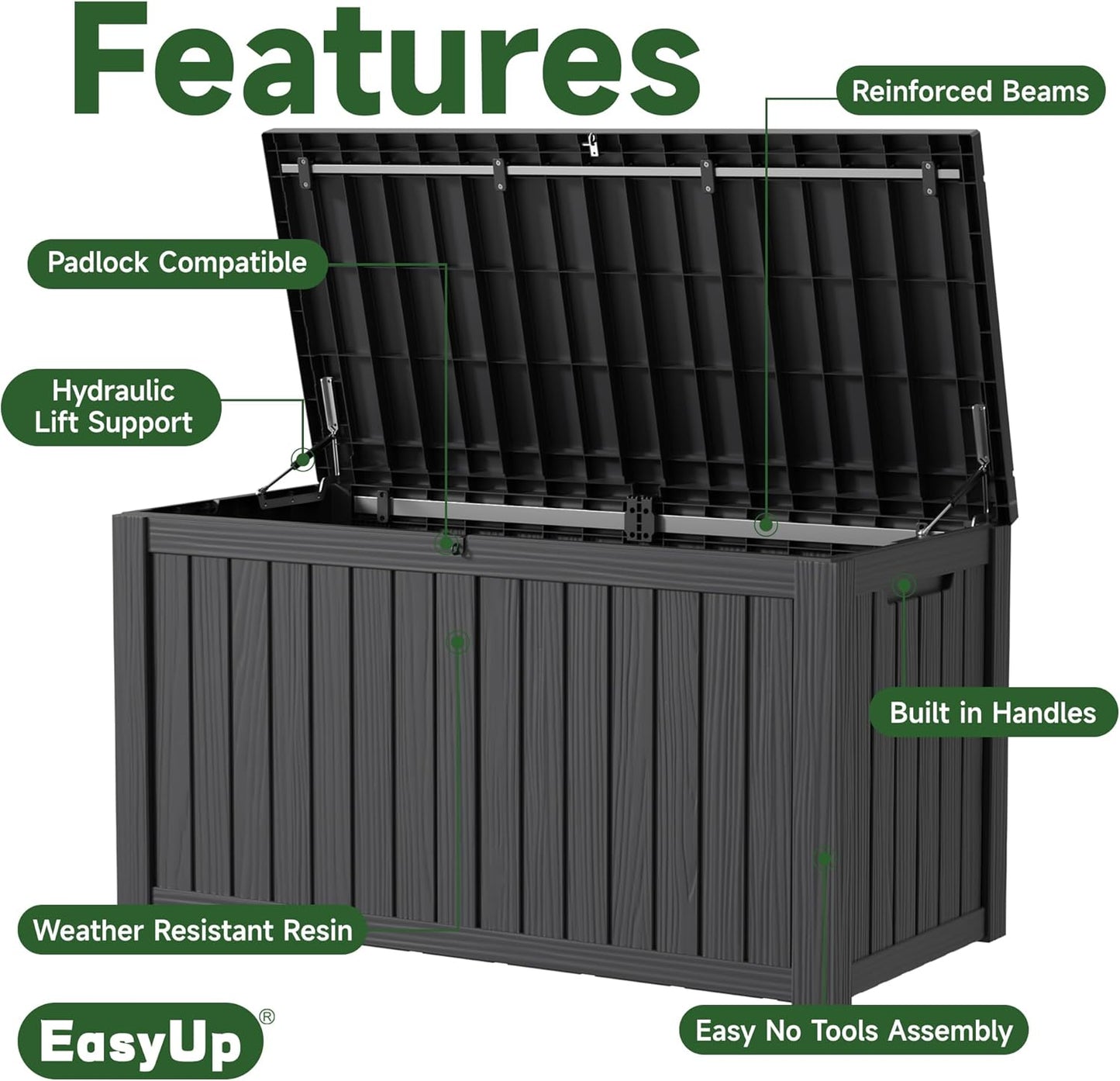 150 Gallon Outdoor Storage Box Waterproof, UV Resistant Resin Deck Box with Hydraulic Rod, Reinforced Stability for Patio, Garden, and Pool, Striped Black