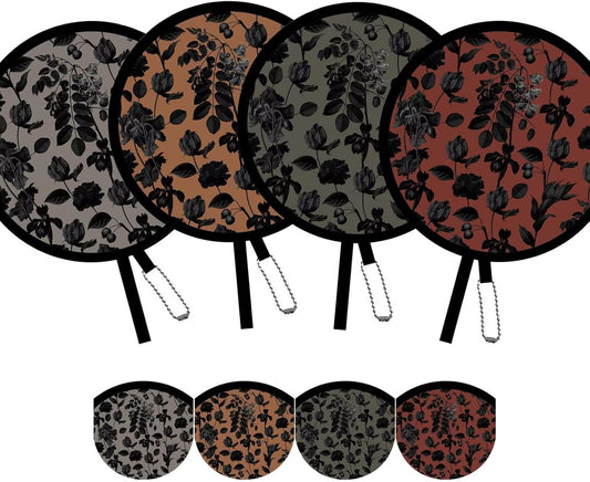 4 Pack Chic Black Botanical Foldable Hand Fans, Versatile Round Handheld Fans for Travel, Events, Indoor and Outdoor (Chic Black)