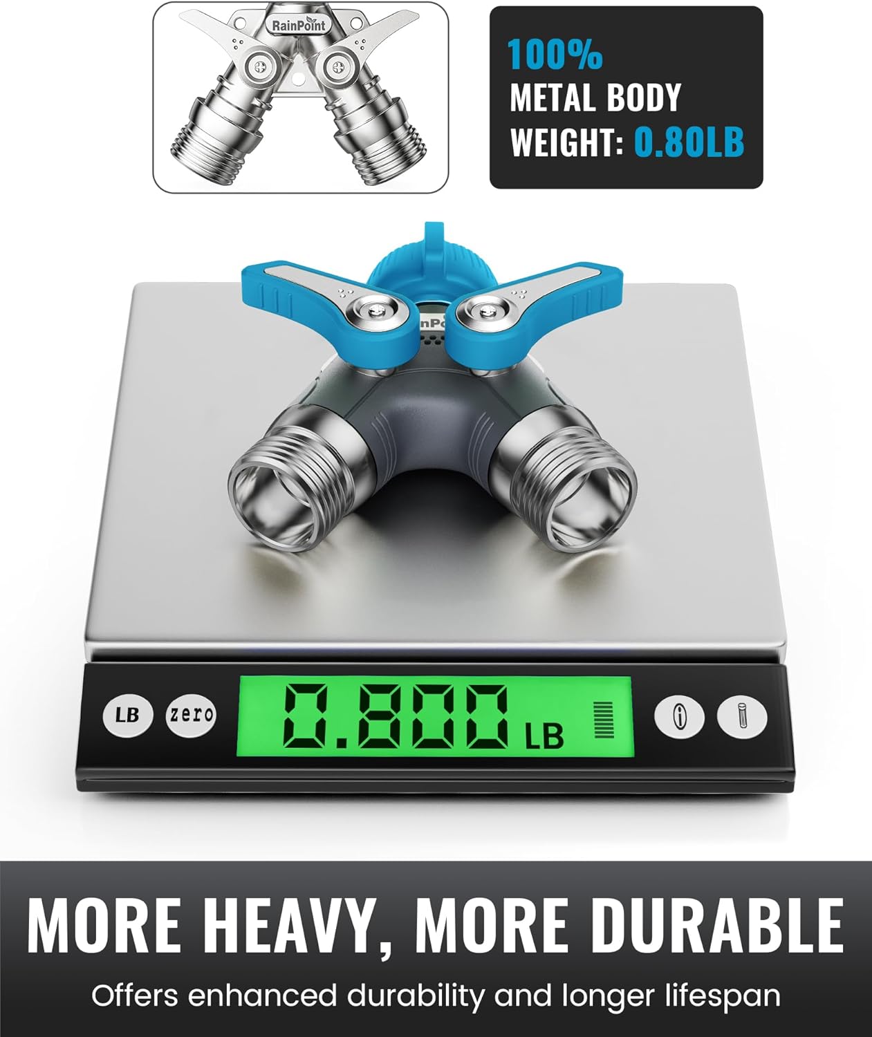 RAINPOINT Garden Hose Splitter, 2 Way Heavy Duty Water Hose Y Spigot Splitter with Shutoff Valves, 100% Metal Body Outdoor Faucet Splitter, 1.9" Extra Long Metal Handle, 3/4" GHT Thread (1, Blue)