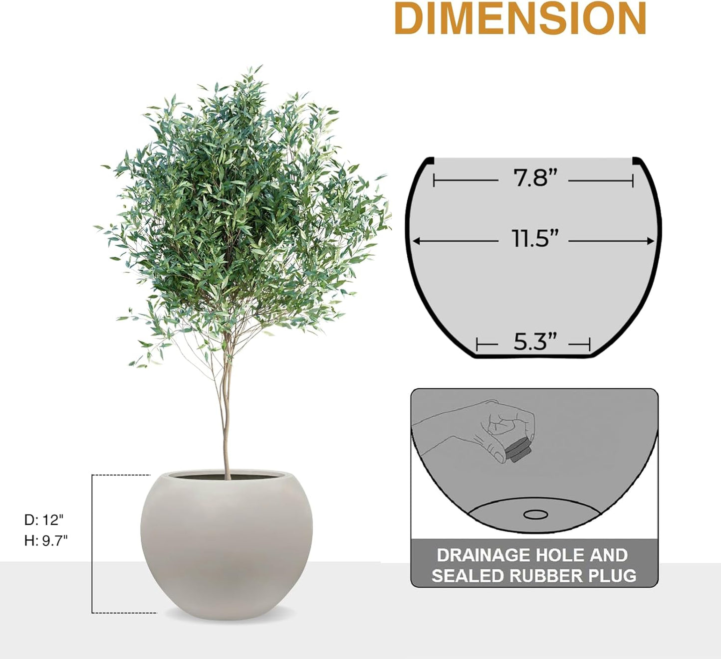 9.7" H x 12" D Globo Fiberstone Round Planter with Drainage Hole, Weather Resistant, Smooth Finish, Planters for Indoor Plants & Outdoor, 2 Extra Coco Mats (Taupe, 7.8" Pot Opening)