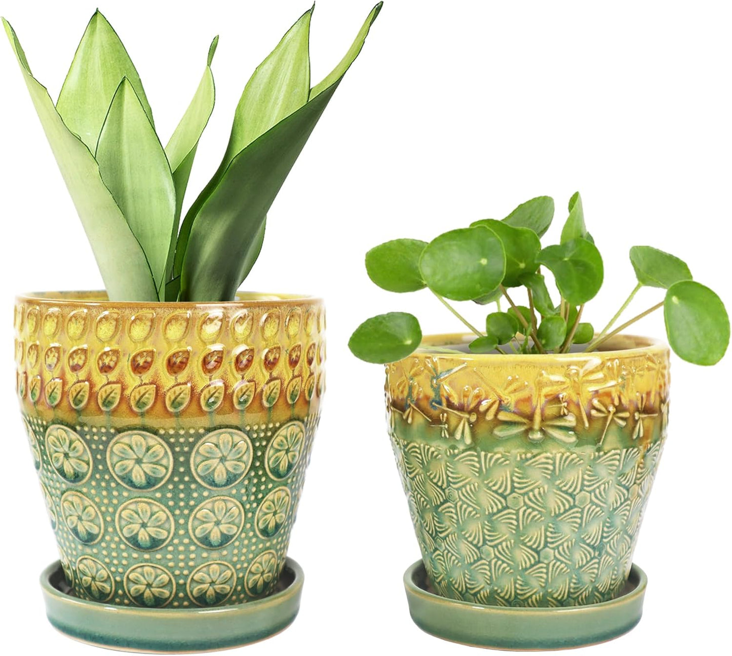 6 Inch + 5 Inch Ceramic Planter Pot with Drainage Holes, Saucers and Mesh Pads for Indoor-Outdoor Plants, Succulent Orchid Flower, Round Plant Pots, Set of 2