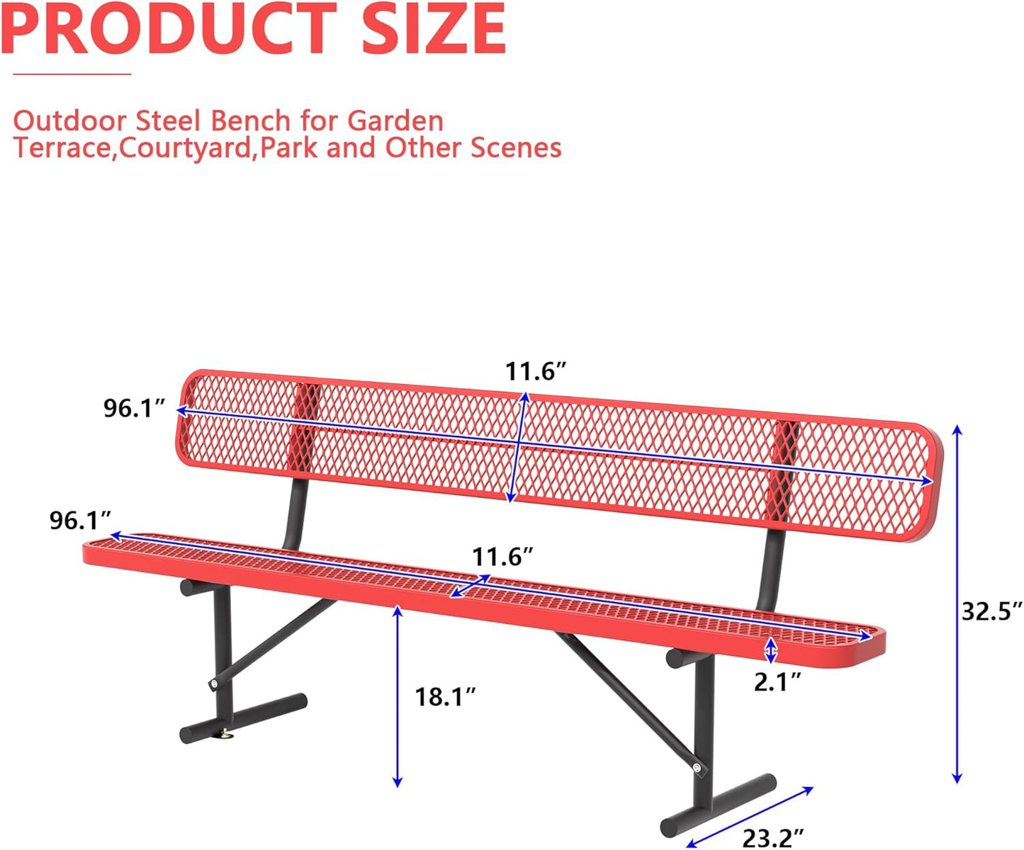 8FT Park Bench for Outside, Heavy-Duty Garden Bench W/ Back, Red Outdoor Metal Bench for Sitting Area, Commercial Bench for School Patio Porch Backyard Sports Church Locker Room Shopping Centers
