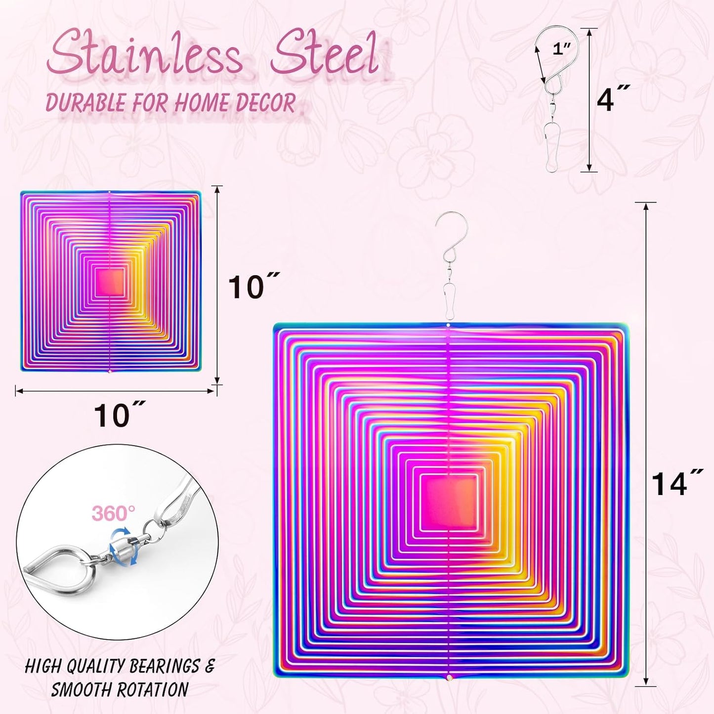 Wind Spinners Outdoor, 3D Maze, Square, Gradient Multicolor, 10 inches Stainless Steel Metal, Hanging Wind Spinners, Garden, Yard Décor, Outside, Gifts for Women Mom Wife