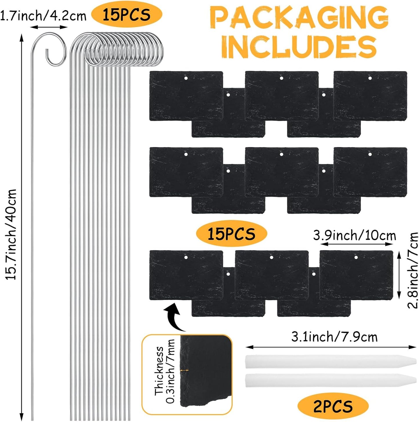 15PCS Slate Plant Markers with Stakes and Stone Chalks Garden Markers Signs Labels Hanging Slate Planter Tags for Flower Bed, Pots, Planters