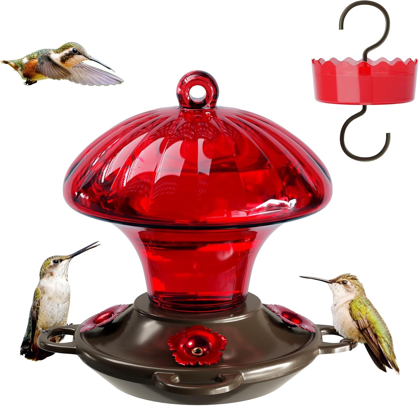 Hummingbird Feeder, Auslar 15 Ounces Glass Hummingbird Feeders for Outdoors Hanging Ant and Bee Proof, Ant Moat & 4 Flower Feeding Ports, Rustproof, Leakproof, Mushroom Shape, Red