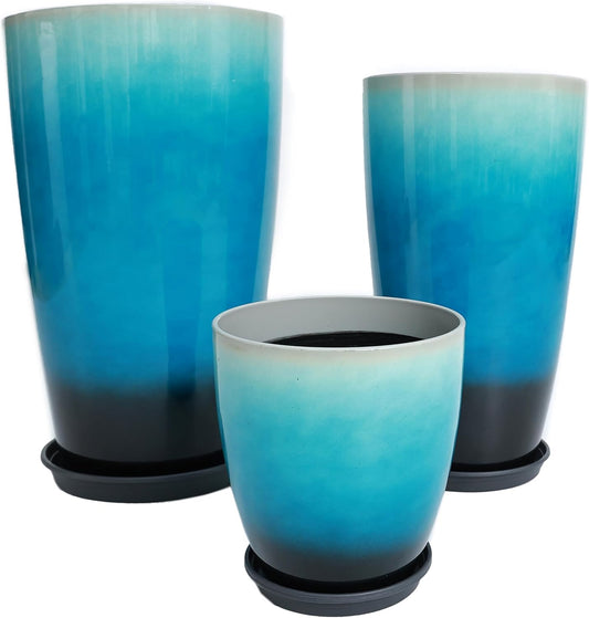 24,21,11 Inch Large Plastic Planters with Drainage Hole and Saucer - Set of 3 Tall Plant Pots Indoor Flower Pot Tall Round Planters Outdoor Large Tall Planter