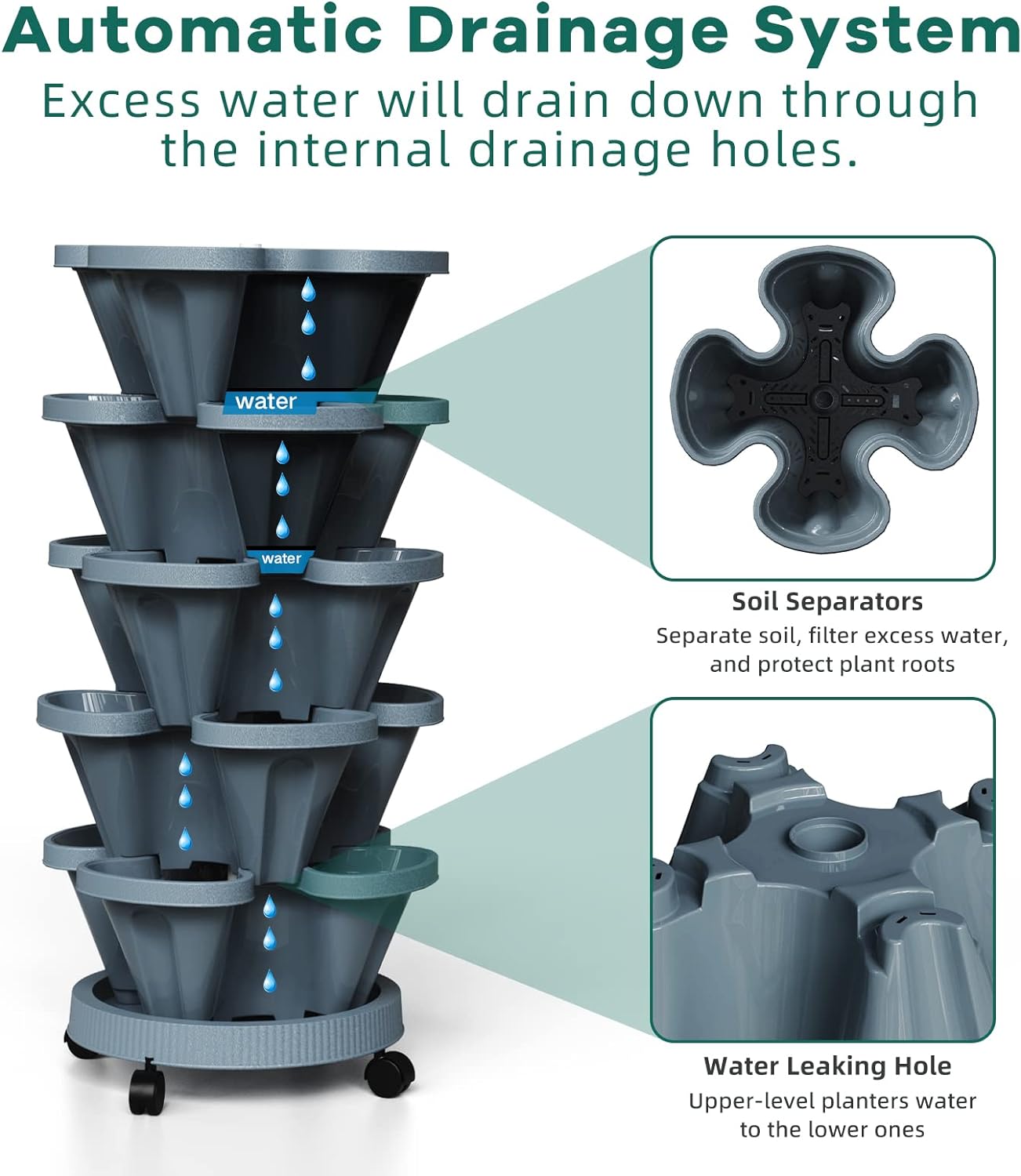 7 Tiered Strawberry Vertical Planter Tower Garden 3 Pack, Stackable Planter Herb Garden Planter with Movable Casters and Bottom Saucer Indoor and Outdoor - Dark Grey