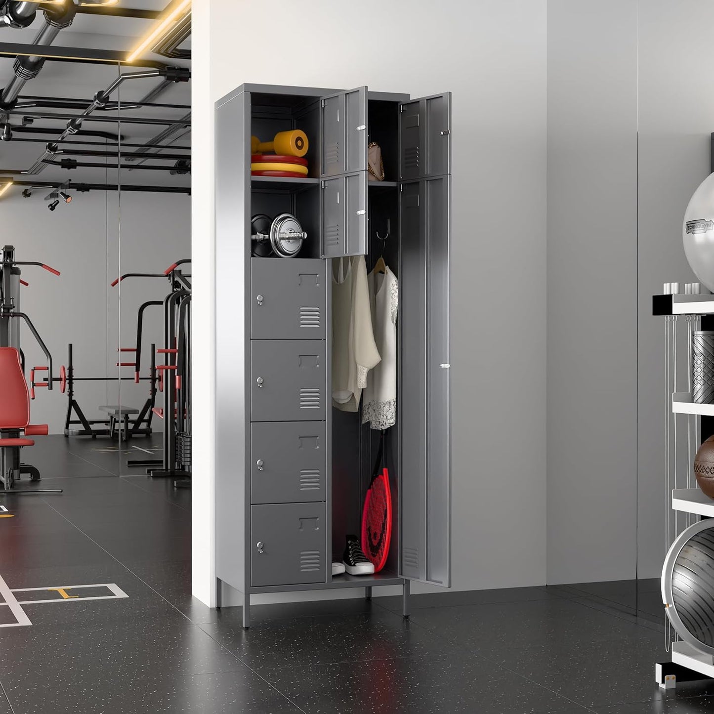 72" H Metal Storage Lockers with Doors and Rod,Industrial Combination Employee Lockers for Office,Home Gym,School,Assembly Required,7+1Doors,Grey