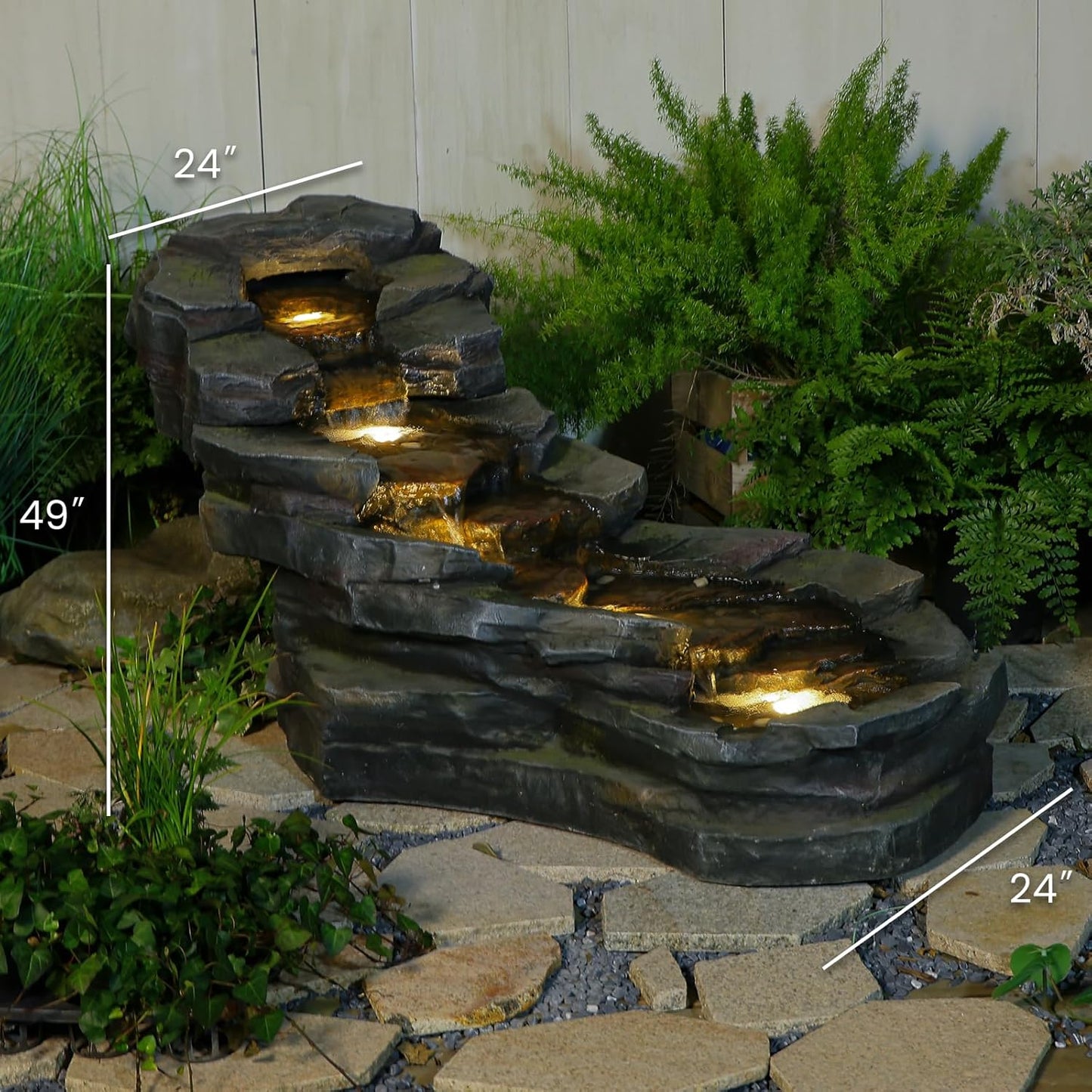 49" L Water Fountain Outdoor 5-Tiers Rock Natural Waterfall Fountains Floor Standing Water Features with LED Lights for Garden, Patio, Porch, Home Art Decor