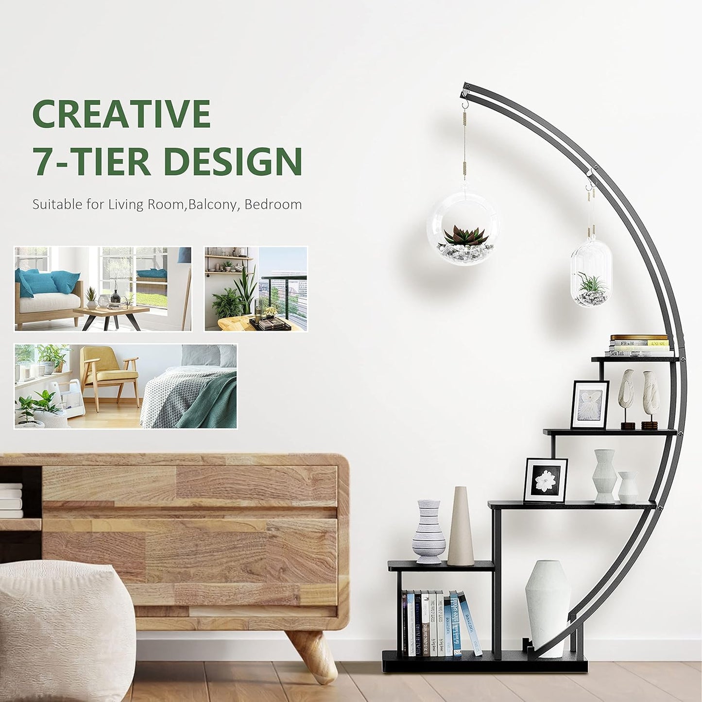 5 Tier Metal Plant Stand Indoor, 67.25“ Tall Half Moon Shape Multiple Stand Holder Shelf Planter Display, Hanging Shelf Flower Stand Ladder for Patio Garden Living Room, Black Set of 2