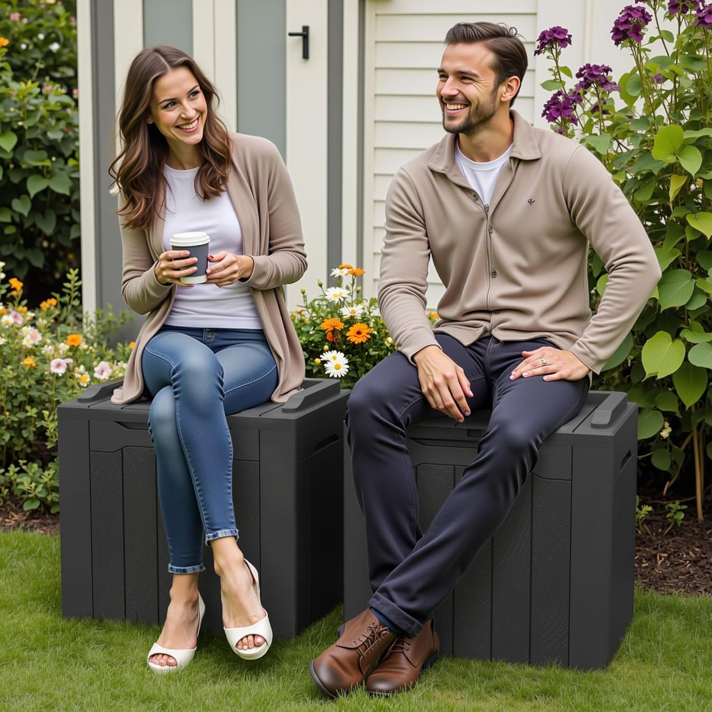 Greesum 31 Gallon Deck Box for Outside, All Weather Outdoor Storage Boxes for Patio Furniture Set, Package Delivery Box,Garden Tools, Gray(Set of 2)