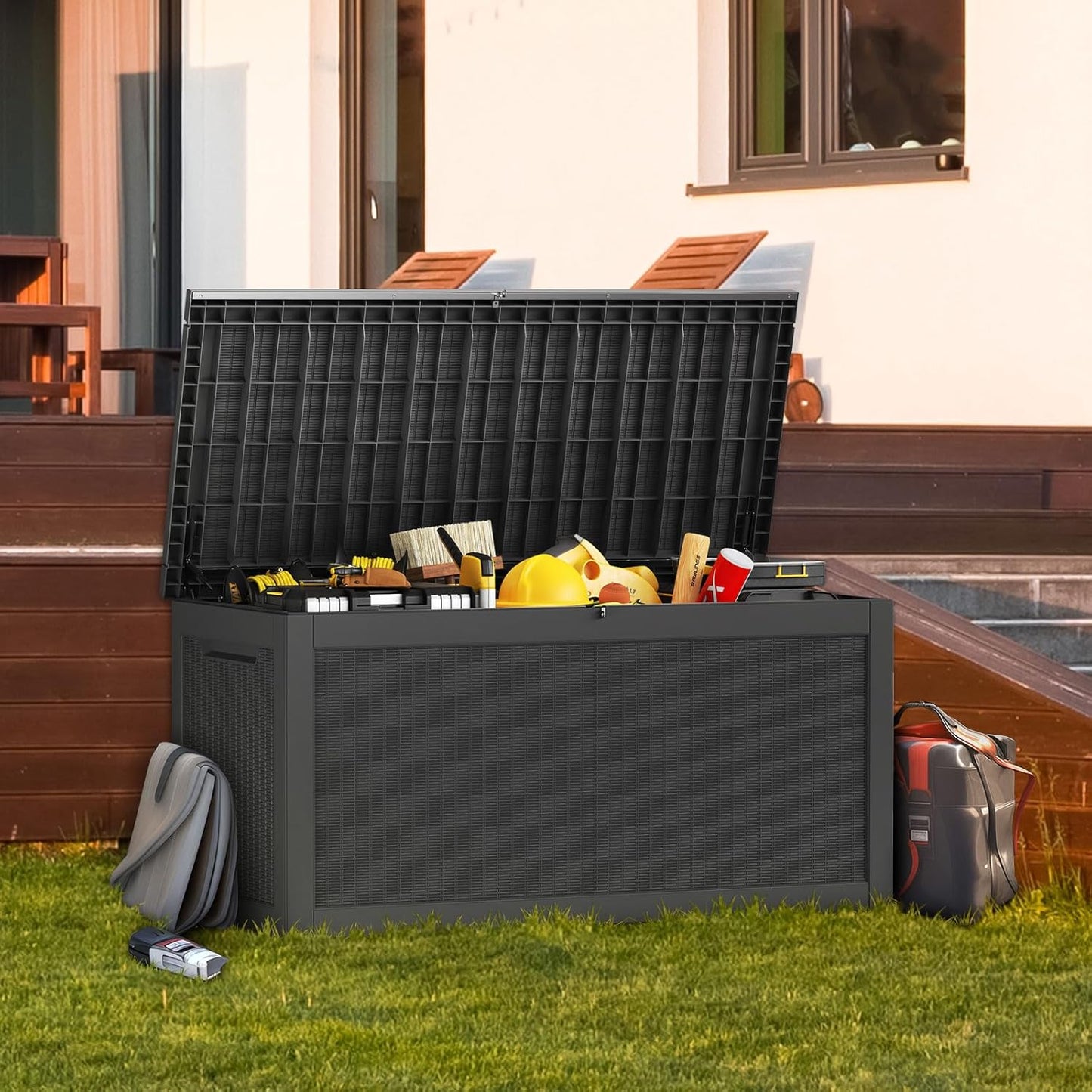 260 Gallon Waterproof Outdoor Storage Box,Large Resin Deck Box,Lockable Outside Storage Box Container for Patio Furniure,Garden,Tools (260 Gallon,Black)
