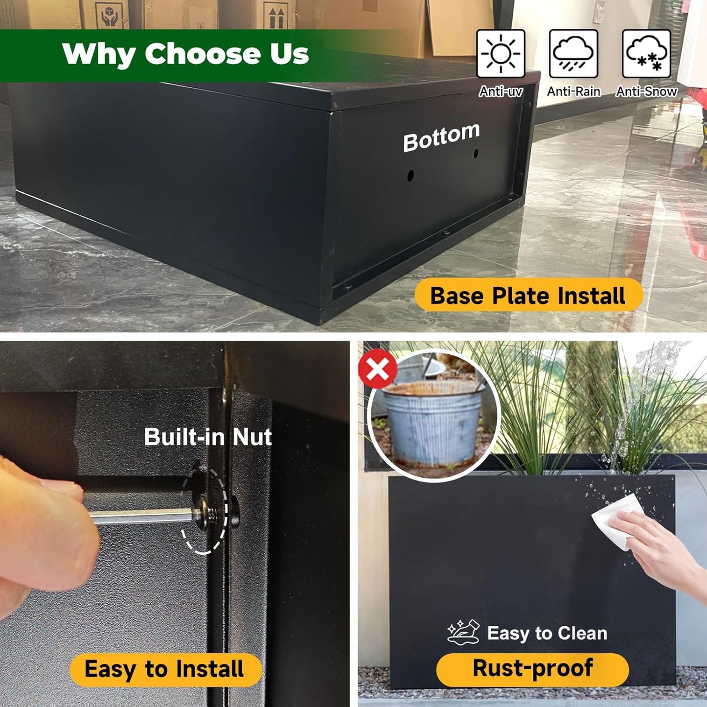 Galvanized Steel Metallic Heavy Planter for Outdoor Plants Metal Outdoor Planter Spliced Flower Box with Partitions for Outside,Indoor,Garden (Black, 24 * 10 * 24)