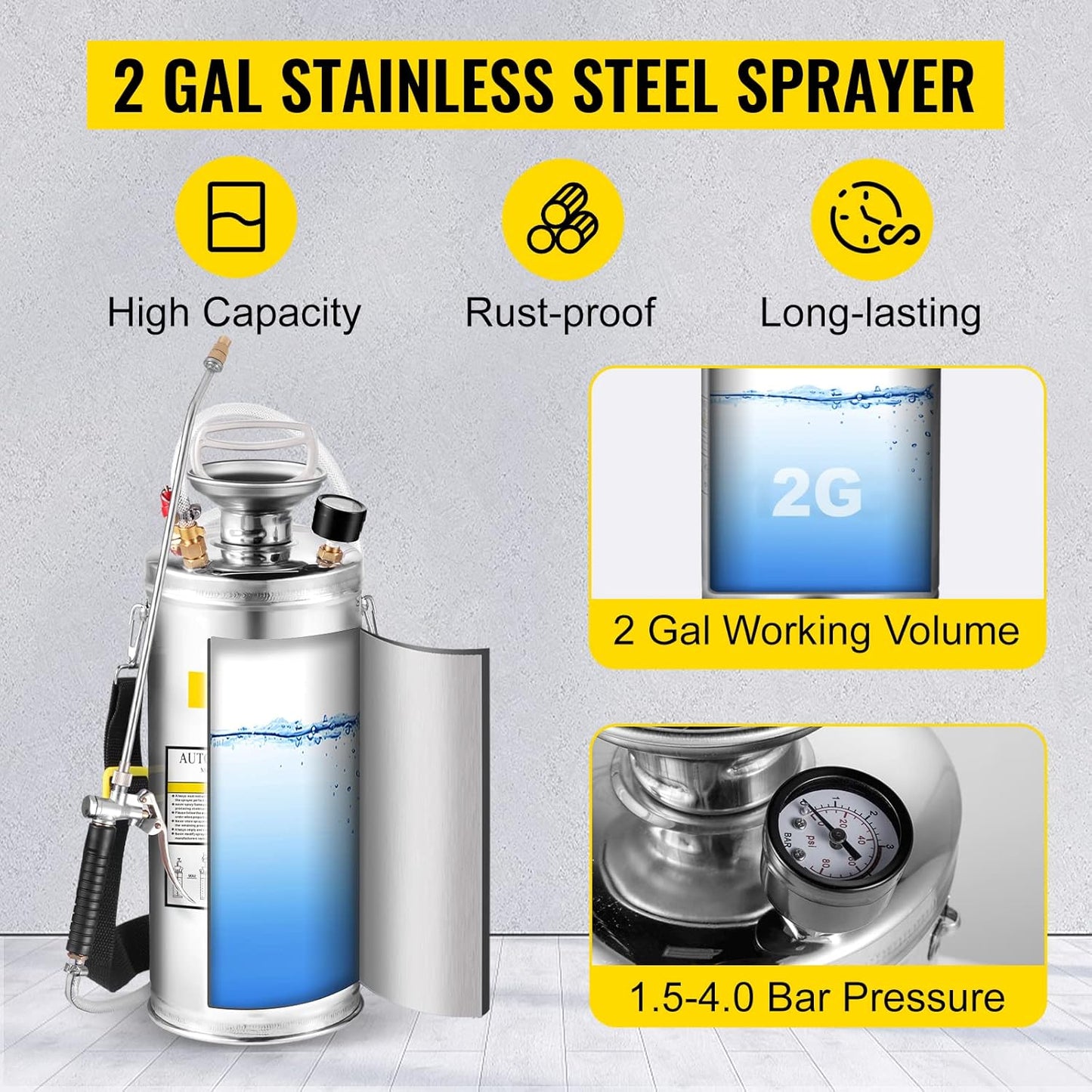 Happybuy 2 Gallon Stainless Steel Sprayer, 20" Wand & 3FT Reinforced Hose, Hand Pump Sprayer with Pressure Gauge, Safety Valve & Adjustable Nozzle, Weed Sprayers for Lawn, Gardening &Sanitizing1