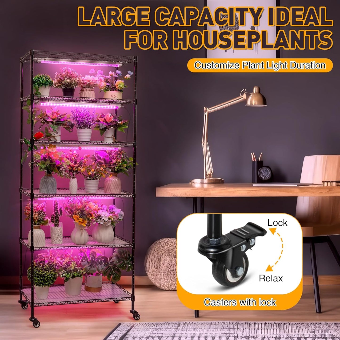 Meonum Plant Shelf with Grow Lights, 5.9FT 6 Tier DIY Metal Grow Rack, Indoor Greenhouse with 90W LED Full Spectrum Growing Lamps, Mechanical Timer, PP Waterproof Pads for Indoor Seed Starting