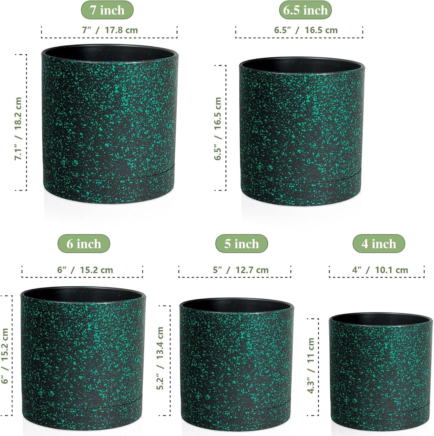 7/6.5/6/5/4 inch Plant Pots, 5 Pack Cylinder Flower Pots for Small Indoor Outdoor Plants, Plastic Planters with Drainage Holes and Saucer for Garden Succulent Plants, Black With Green Speckles
