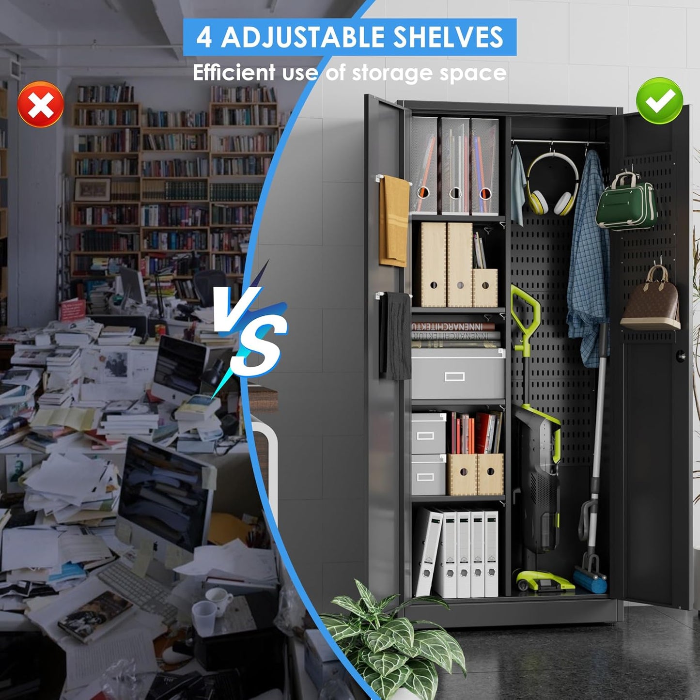 27.55 in Wide Garage Storage Cabinet, Metal Storage Cabinet with Pegboards and 4 Adjustable Shelves, Garage Storage System with Lockable Door for Offices, Gyms and Pantries, Black