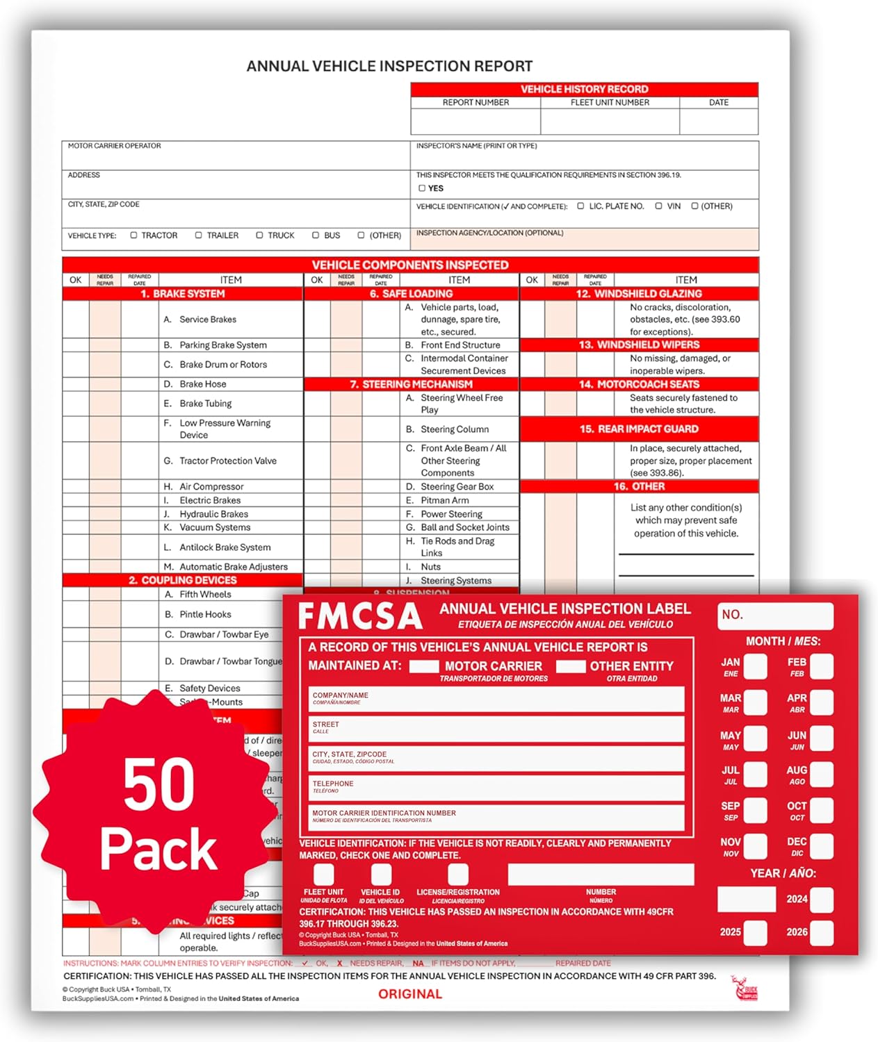 50 Pack 3-Ply Carbonless Annual Vehicle Inspection Report Forms with FMCSA Red Aluminum Adhesive Labels, DOT Inspection Forms and Stickers, Shrink-Wrapped, 8.5" x 11.75" - Made in USA