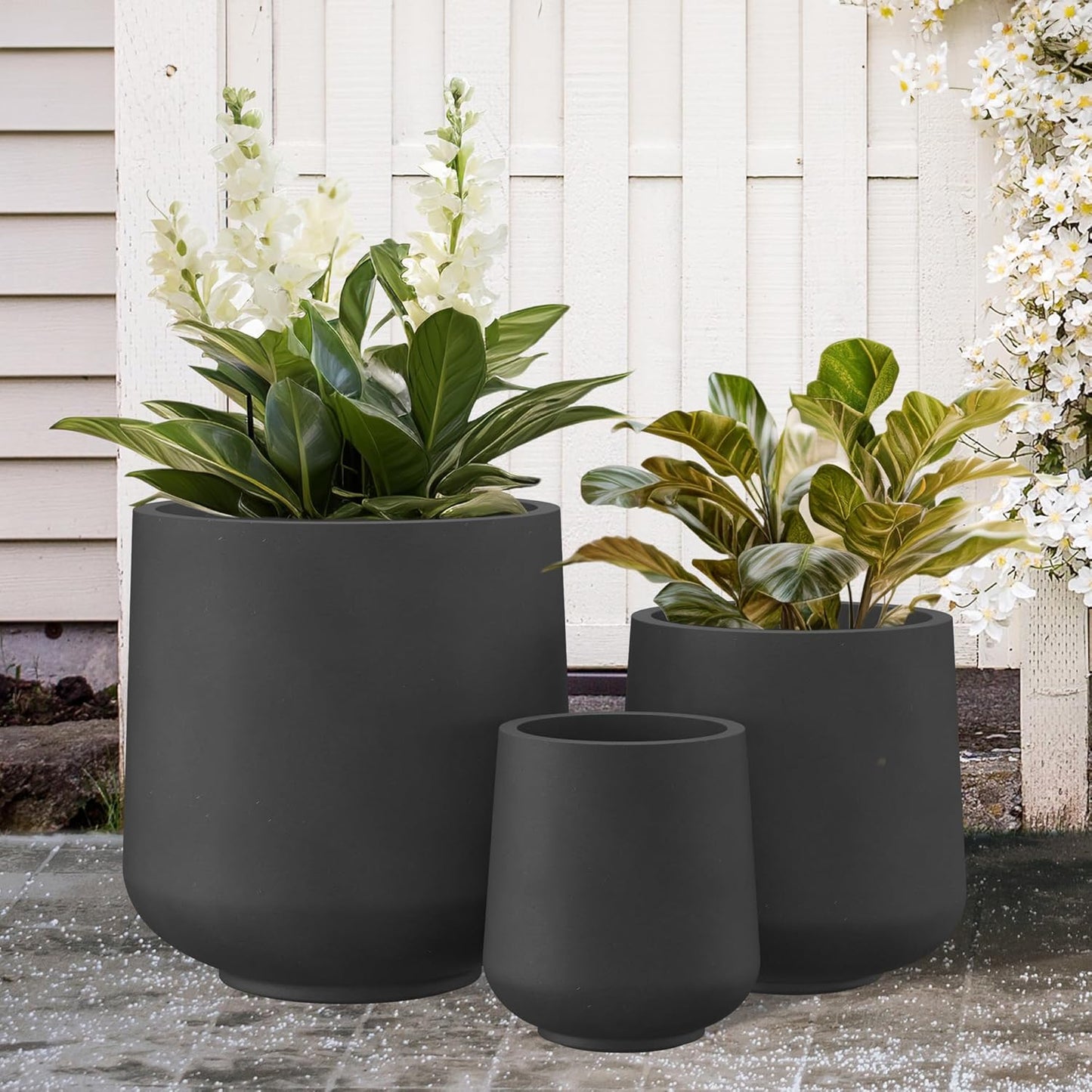 Kante 15.3"+11.6"+8.2" Dia Round Concrete Planter, Large Outdoor Indoor Planter Pots with Drainage Holes and Rubber Plug for Home Garden Patio, Black