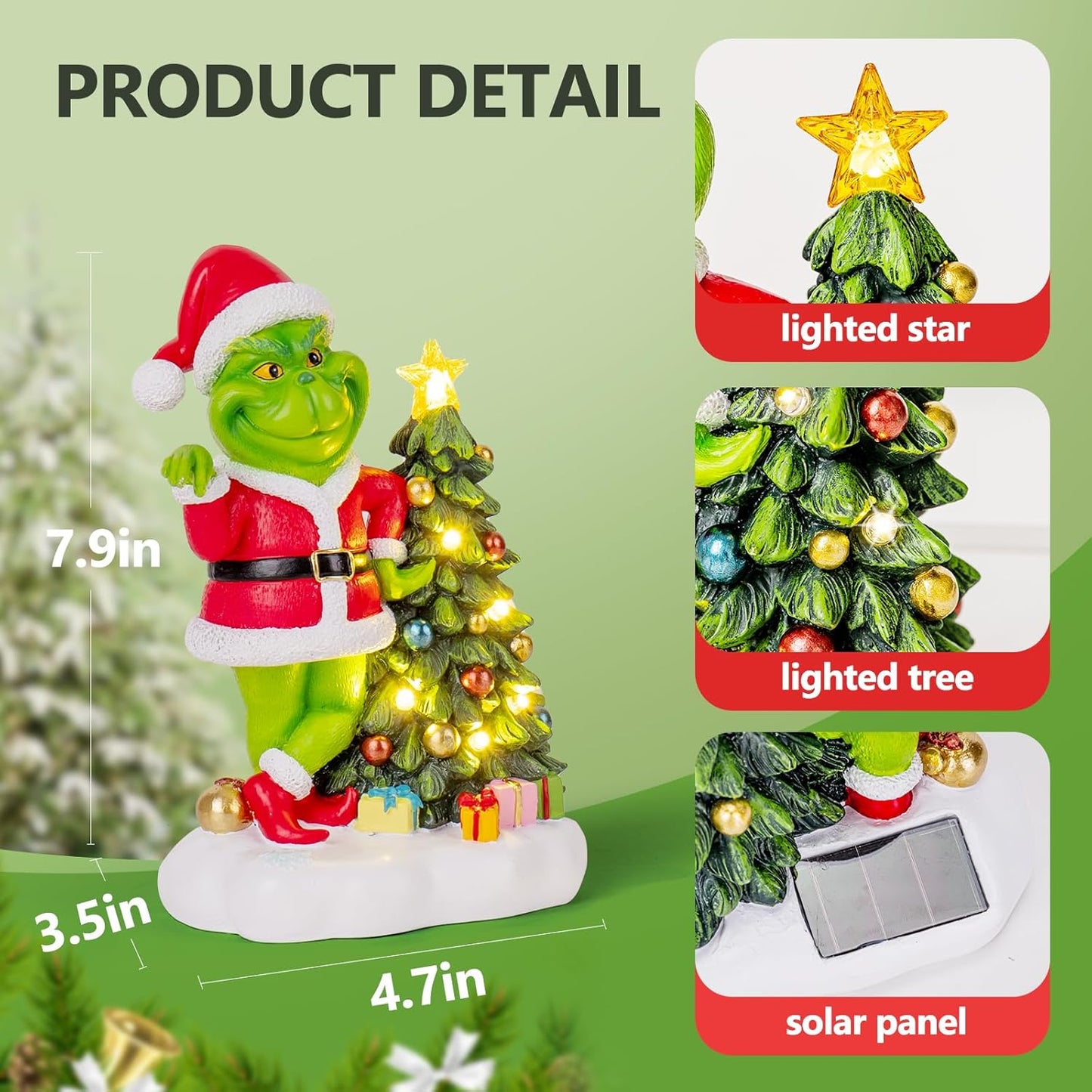 Solar Garden Outdoor Statues Green Monster with Christmas Tree and 6 LED Lights-Christmas Lawn Deco Statue for Patio, Balcony, Yard Ornament - Unique Christmas Housewarming Gifts