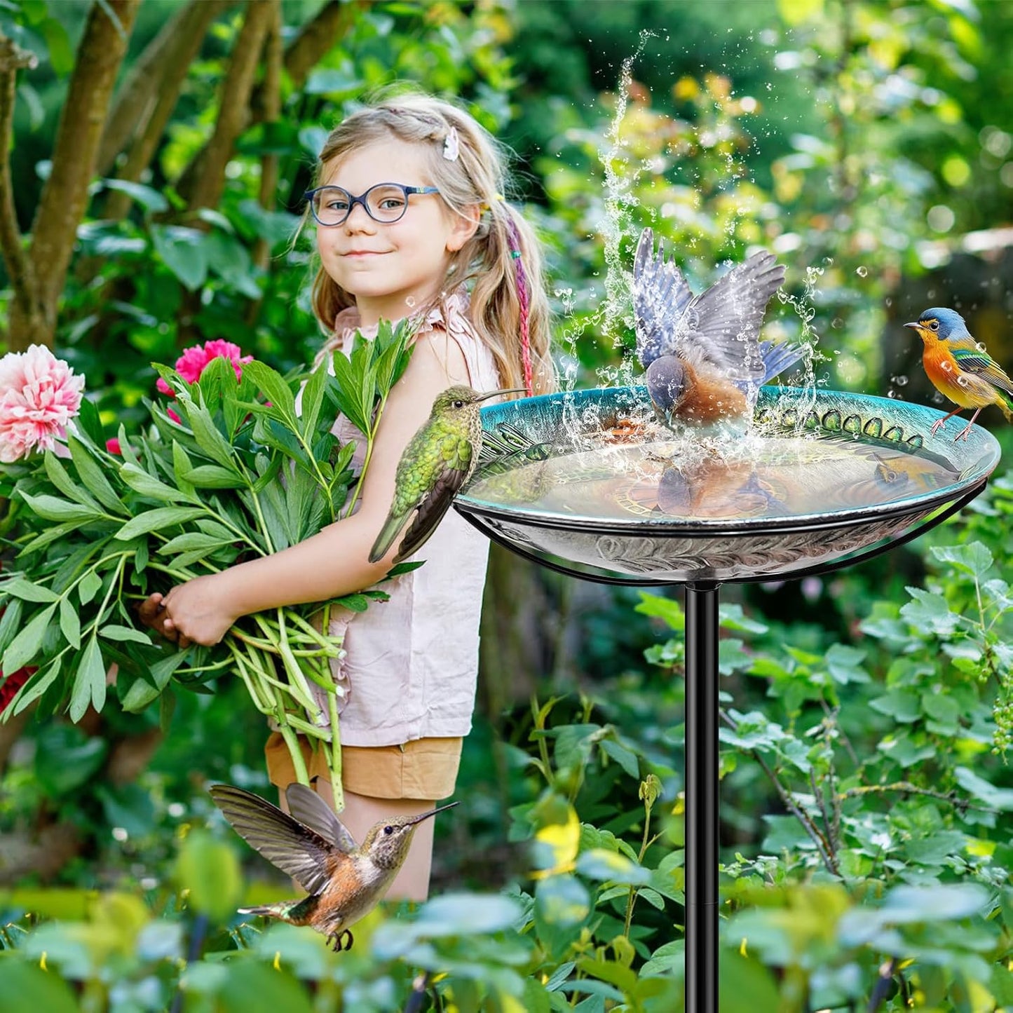 Metal Bird Bath for Outside, Detachable Birdbath & Birdfeeder with Base Stake, Vintage Bird Baths Feeder Bowl for Outdoors Garden Yard Lawn Decor (Vintage Silver)