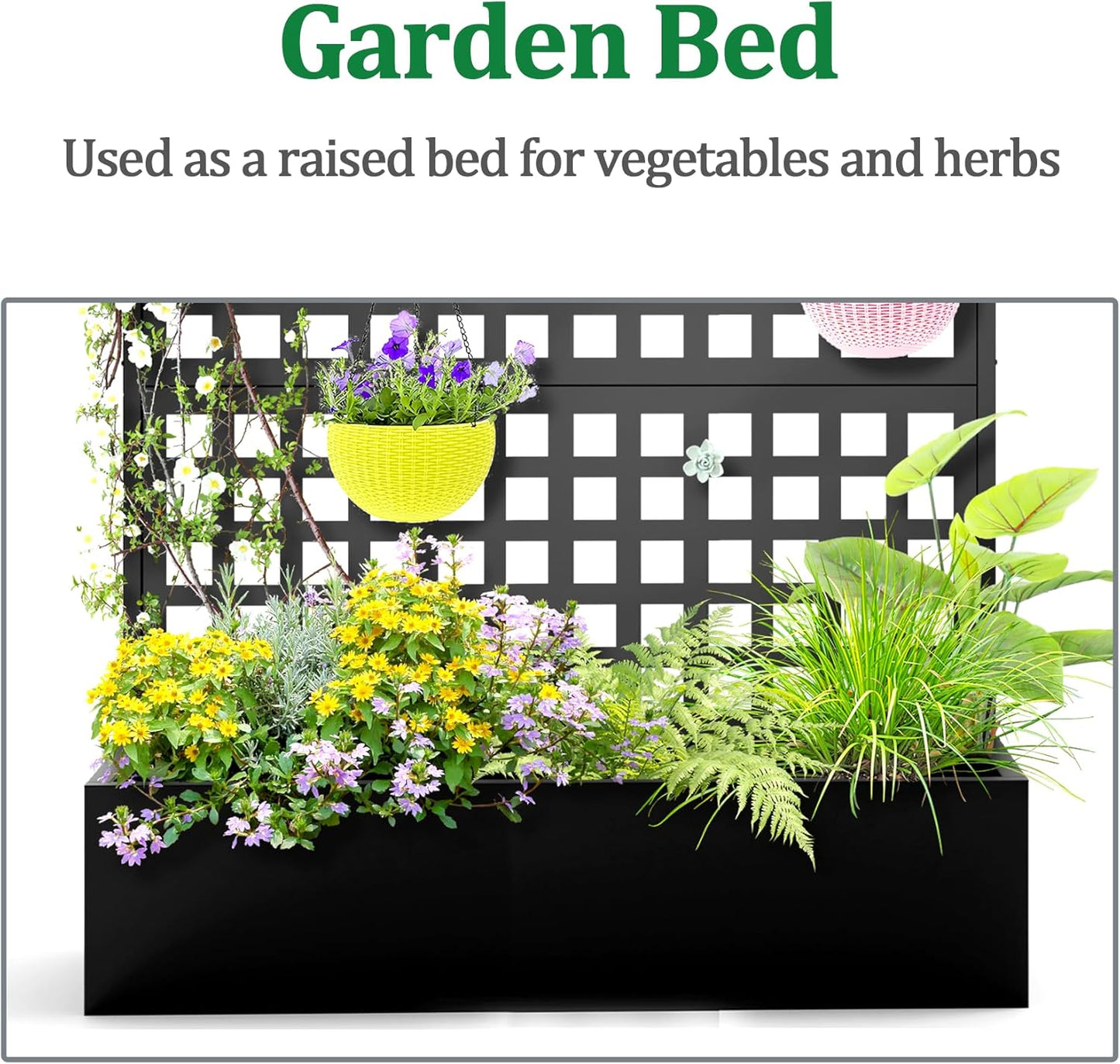 Metal Raised Garden Bed with Trellis, 2 in 1 Trellis with Planter Box & Privacy Screen for Climbing Plants, Vine, Outdoor Standing Flower Beds with Drainage Holes, 47.2"L x 16.7"W x 70.8"H, Black