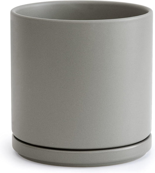 D'vine Dev 8 Inch Ceramic Planter Pot with Drainage Hole and Saucer, Indoor Cylinder Round Planter Pot, Grey, 94-O-D-3