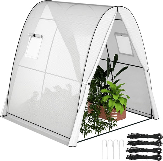 Outsunny 6' x 6' x 6.6' Hoop House Greenhouse with Sandbags and Hemmed PE Cover, Walk-in Tunnel Green House with 2 Doors and Screen Windows, Portable Greenhouse Gardening Plant Hot House, White