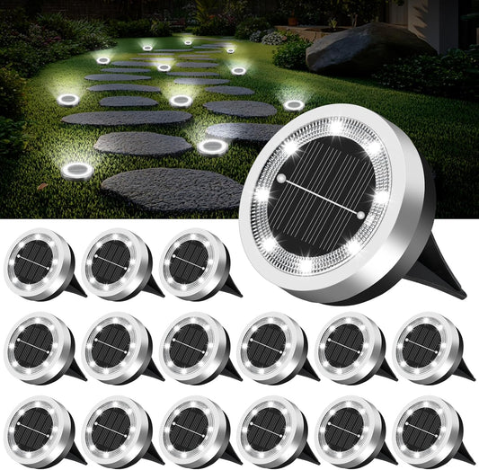 Mini Solar Ground Lights 16 Pack Outdoor IP65 Waterproof Solar Flat Garden Light Solor Powered Disc Pathway Lights for Outside Walkway Yard Landscape Patio Lawn Driveway-Cool White