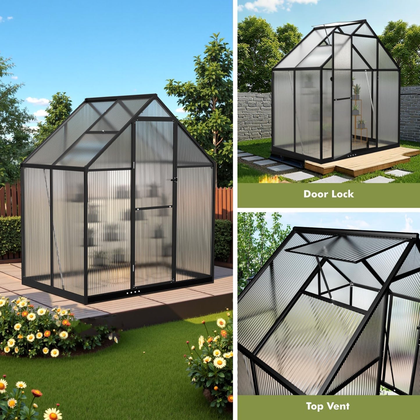 4x6FT Outdoor Greenhouse, Polycarbonate Green House, Small Walk-in Greenhouse with Vented Roof Window, Windproof Aluminum Frame with Quick-Installation Structure, Suitable for Gardening