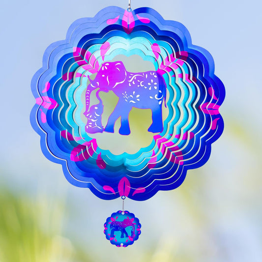 12 inch Elephant 3D Stainless Steel Wind Spinners, Hanging Garden Spinner Kinetic Art Garden Decorations, Reflective Wind Sculpture for Indoor/Outdoor Decor