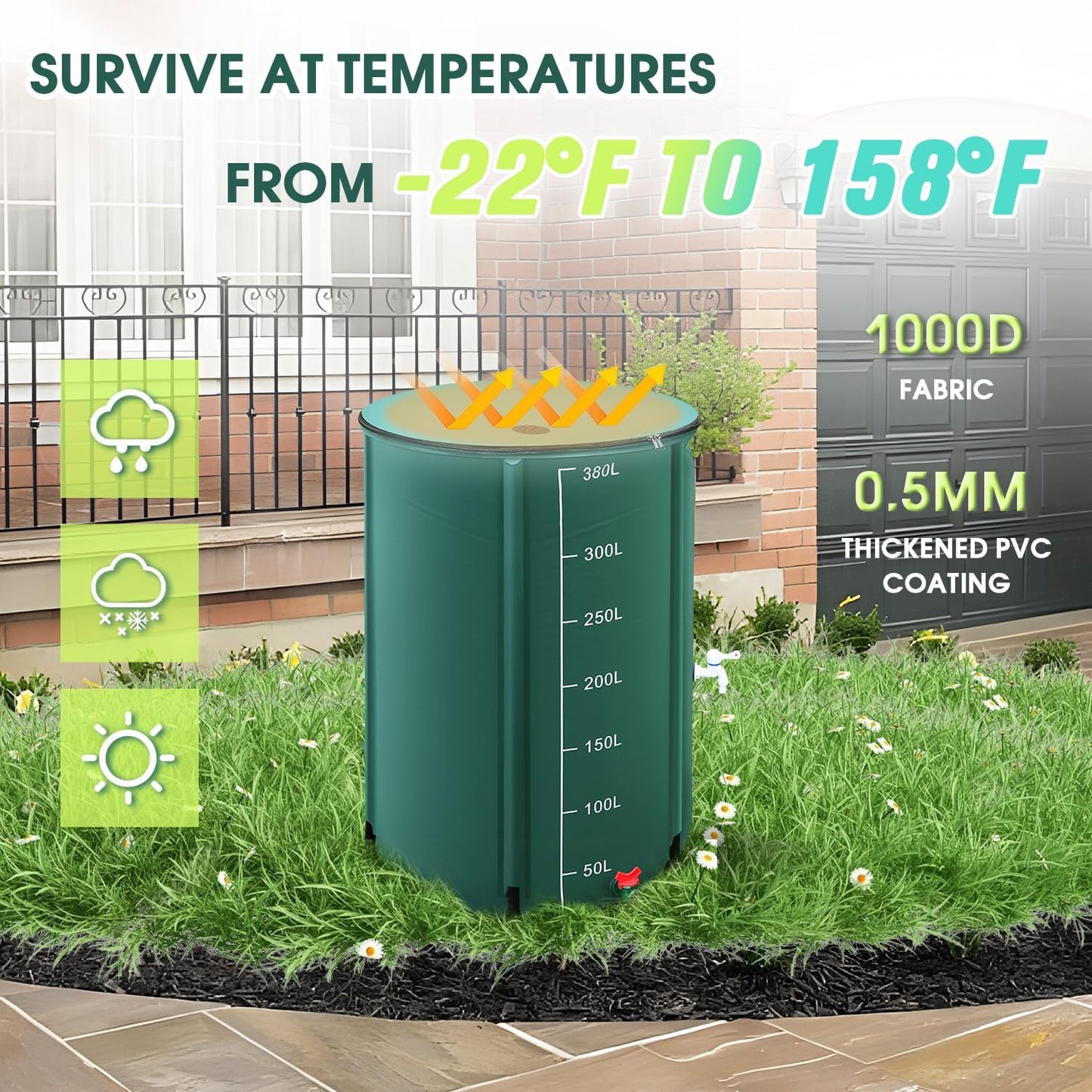 Moongiantgo 100 Gallon Collapsible Rain Barrel with Scale Line - 1000D PVC Portable Water Storage Tank - Rainwater Collection System with Filter Spigot Overflow Kit to Collect Rainwater from Gutter
