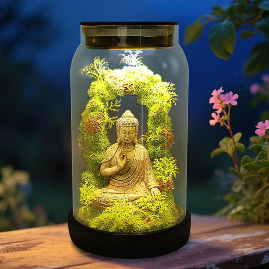 Solar Garden Buddha Statue for Home Decor - 9.8'' Zen Solar Lights Sculptures Decor with 15 LED, Sitting Meditating Buddha Serene Moss Figurine in Jar for Patio Lawn Yard Good Luck Housewarming Gifts