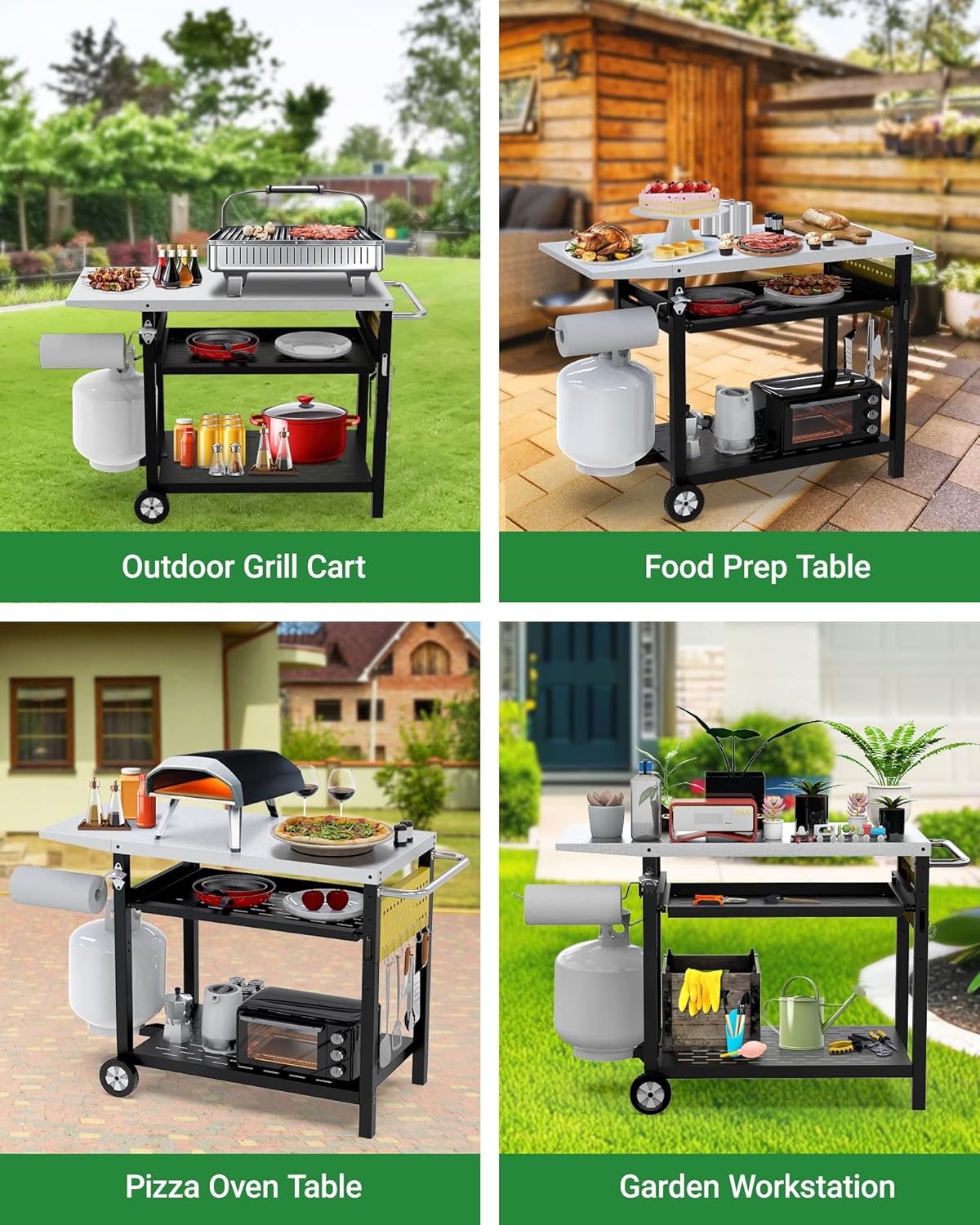 Outdoor Grill Cart with Pegboard, 3-Shelf Pizza Oven Table with Drawer, Stainless Steel Kitchen Dining Cart with Wheels, Food Prep Table Grill Stand for Outside BBQ Patio Backyard