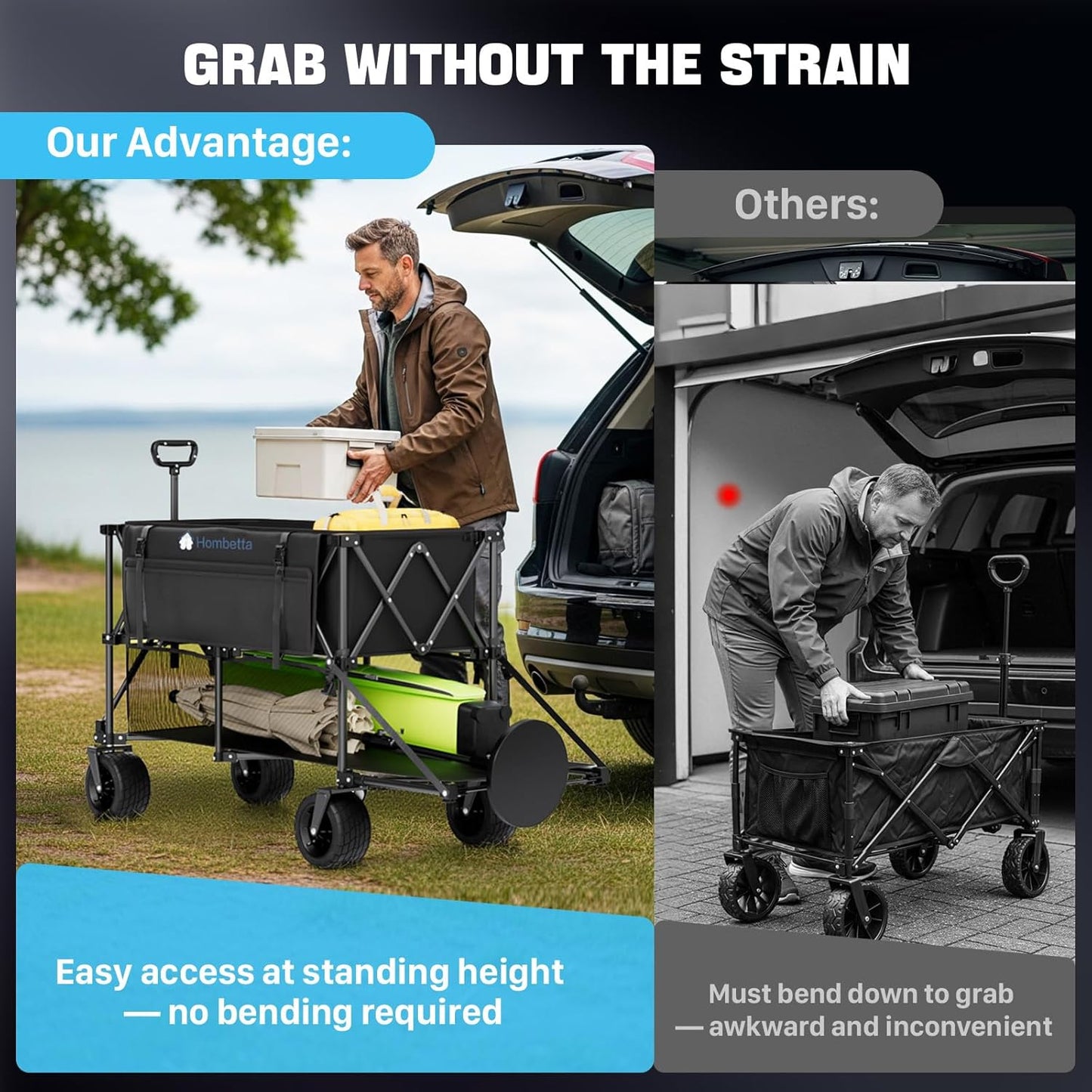 Folding Double Decker Wagon, 560LBS Heavy Duty Utility Cart with Brakes, 400L Wagon Cart with Wheels Foldable, All-Terrain Big Wheels for Camping, Beach, Picnic, Outdoor Use, Black