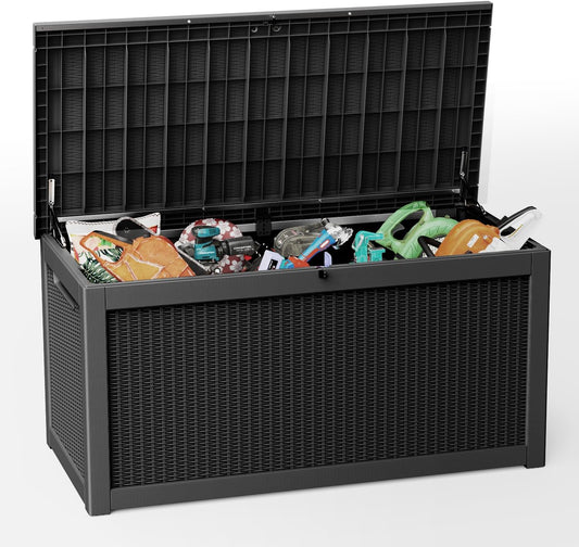 260 Gallon Outdoor Storage Box Waterproof, UV Resistant Resin Deck Box with Hydraulic Rod, Reinforced Stability for Patio, Garden, Rattan Black