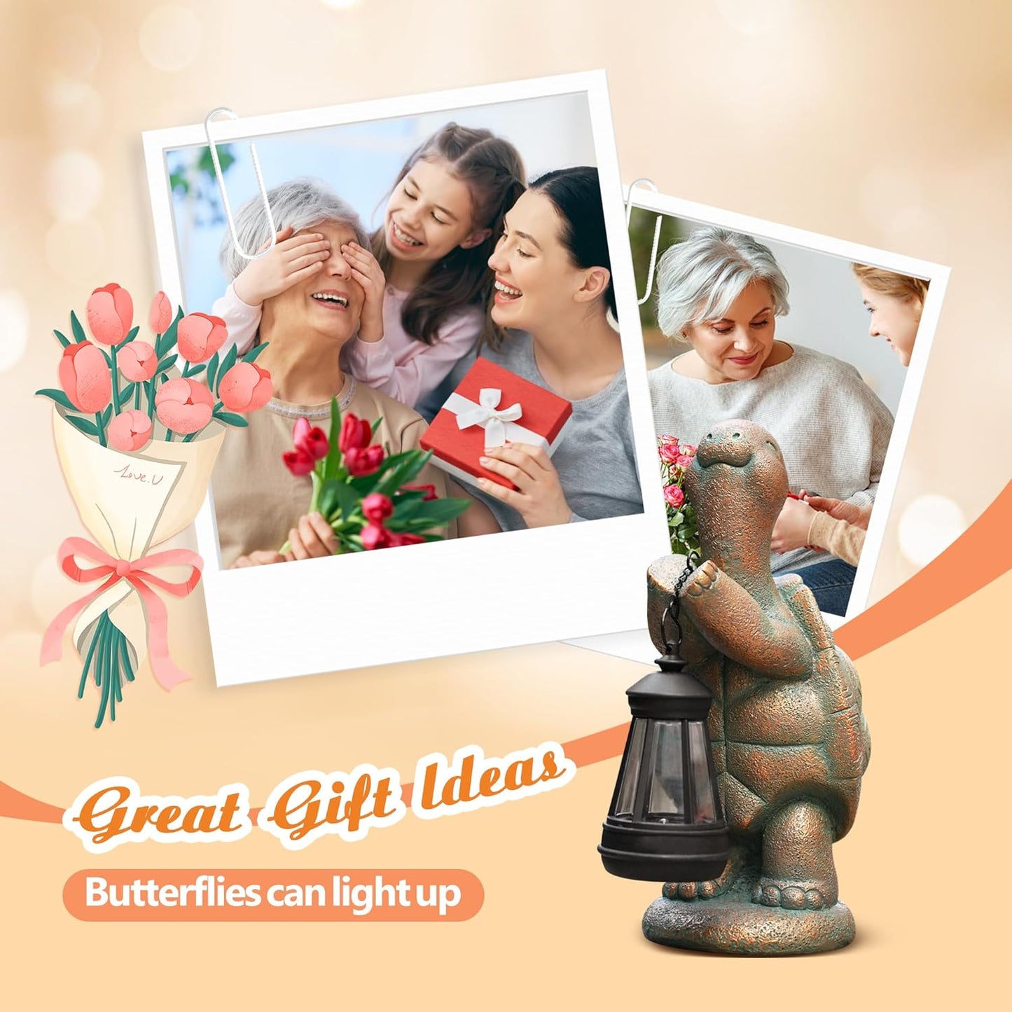 Turtle Solar Powered Outdoor Garden Statue, Resin Statue with Solar Light Lantern, Decorative Lawn, Yard Outdoor Turtle Decoration. Unique Home Decoration, Gifts for Women