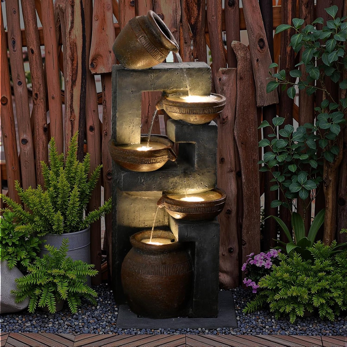 33.8" H Water Fountain Outdoor with LED Lights & Pump, 5-Tier Cascading Outdoor Fountain for Garden,Patio,Porch,Backyard,Home Art Decor (Brown)