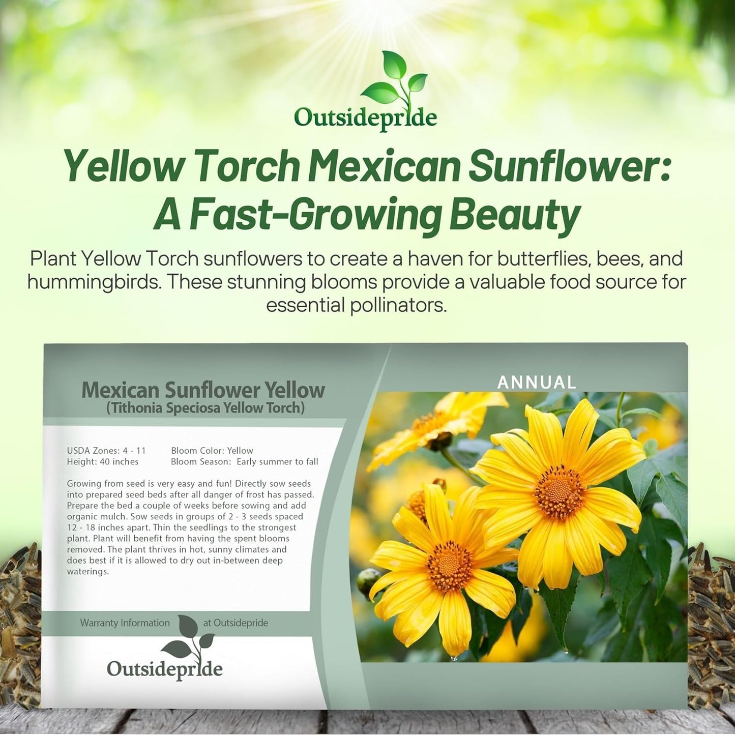 Outsidepride Yellow Torch Mexican Sunflower Seeds - 500 Pcs Annual, Easy-to-Grow, Yellow Tithonia Speciosa Flower Seeds w/Drought-Tolerant Blooms for Pollinator Gardens & Vibrant Summer Landscaping