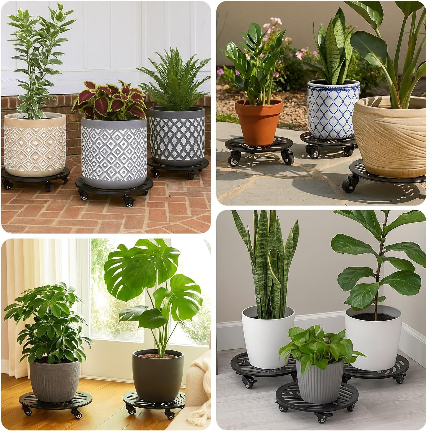 2 Packs Large Metal Plant Caddy with Wheels 14” Heavy-Duty Wrought Iron Rolling Plant Stands with Casters Indoor and Outdoor Plant Pot Roller Base Plant Saucer Movers Black