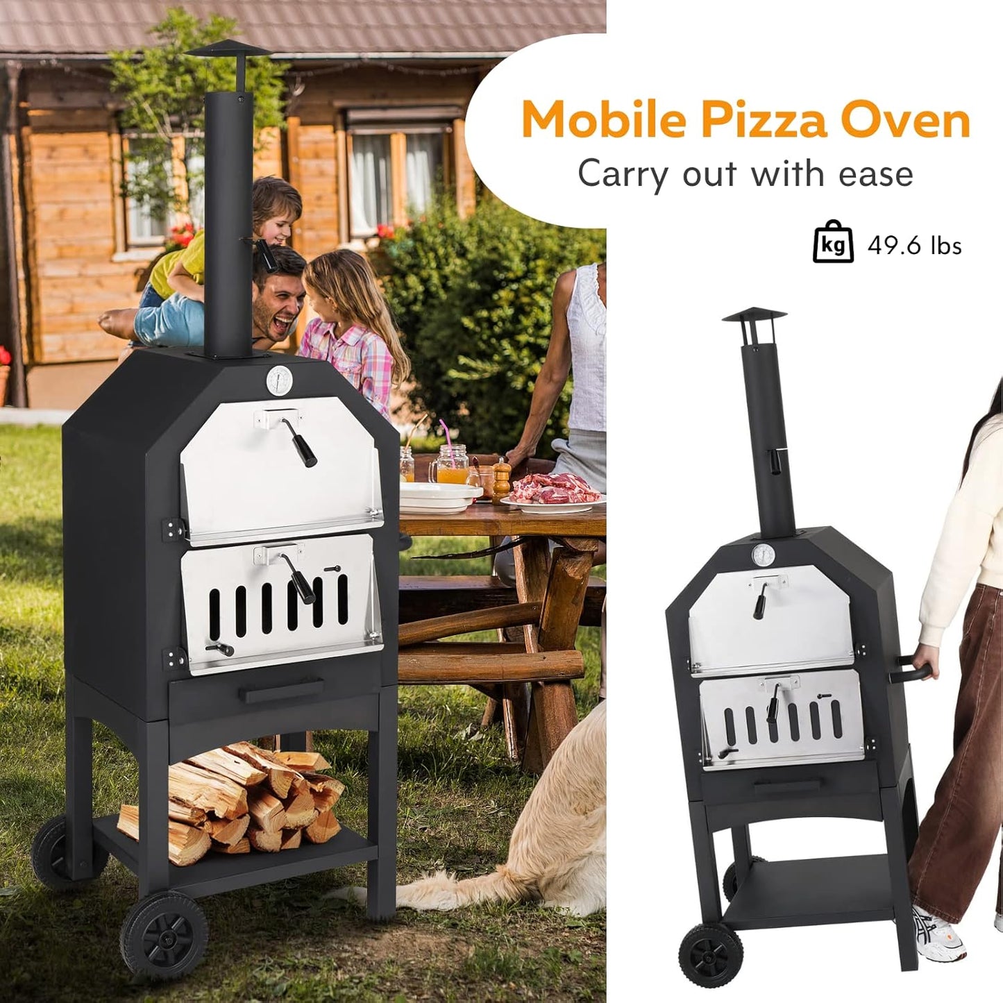 Outvita Outdoor Pizza Oven, Wood Fired Pizza Oven with Adjustable Chimney, Wheels, Pizza Stone, Pizza Peel, Grill Rack for Patio Cooking Picnic Party