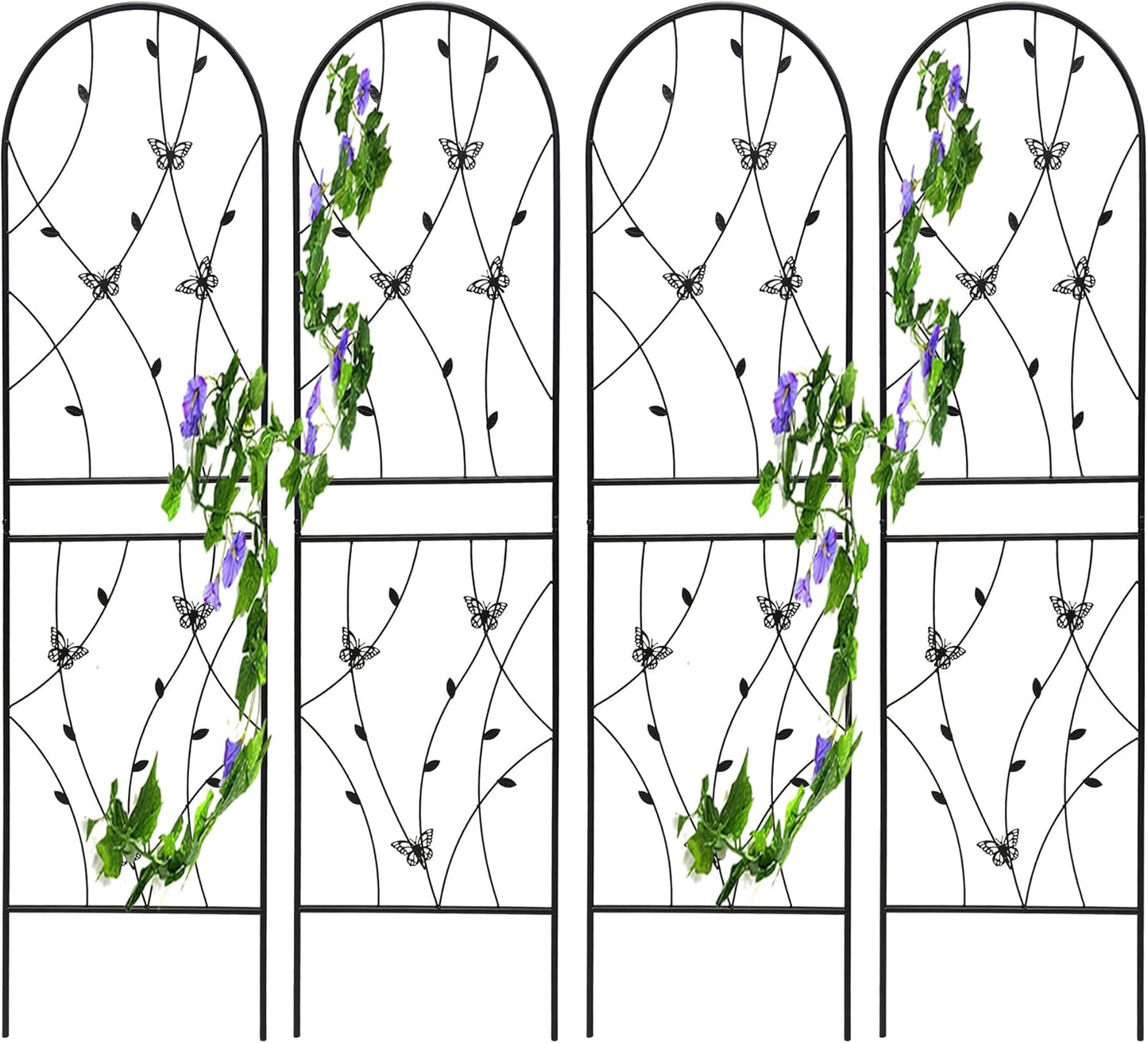 4 Pack Metal Garden Trellis for Climbing Plants, 71" Tall Rustproof Outdoor Trellis Panel with Butterfly Design, Decorative Black Iron Plant Support for Vine, Rose, Flower, Garden Wall